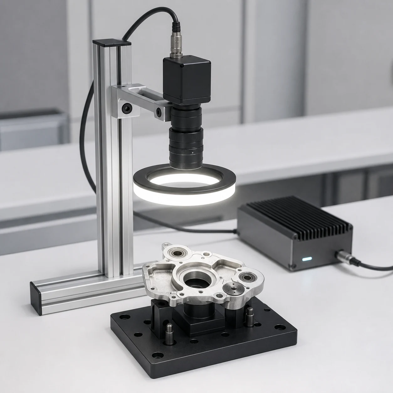 An industrial camera and ring light inspecting a machined component on an edge-connected station.