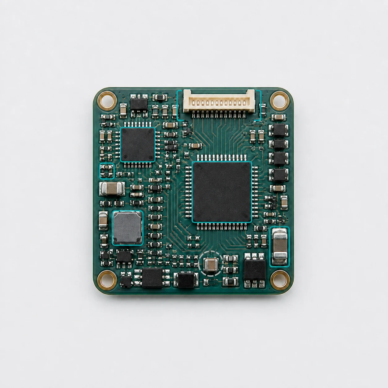 The same circuit board with restrained component, trace and solder-joint inspection contours.
