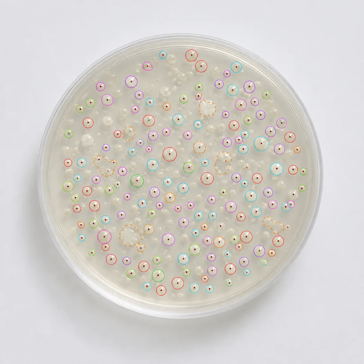 The same agar plate with class-colored colony contours, centroid marks and ambiguous clusters.