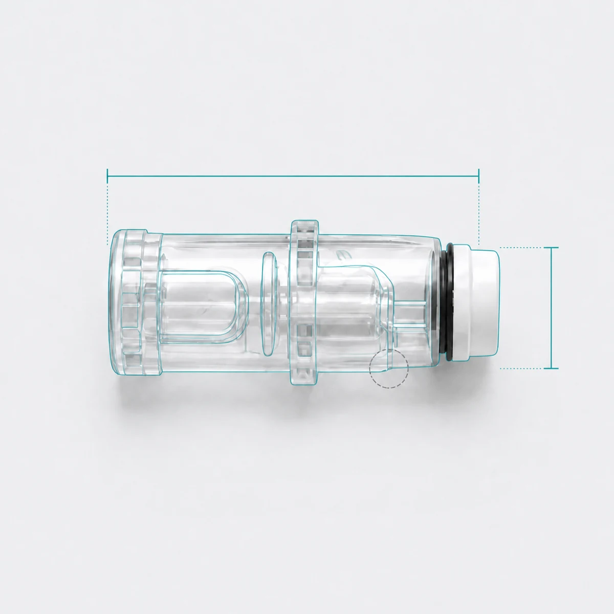 The same transparent cartridge with restrained edge contours and measurement brackets.