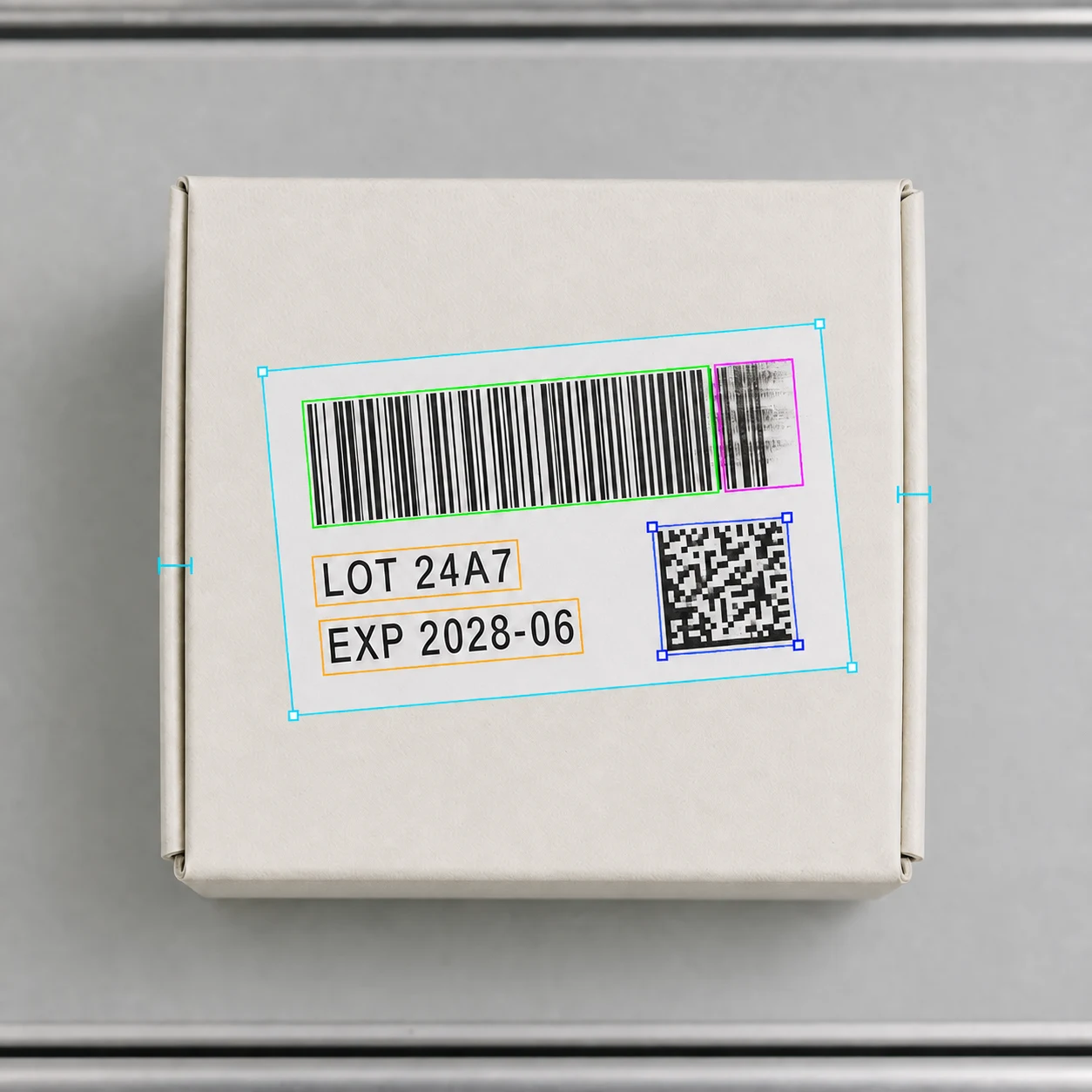 The same label with perspective registration, code and character regions, and a localized print-smear finding.